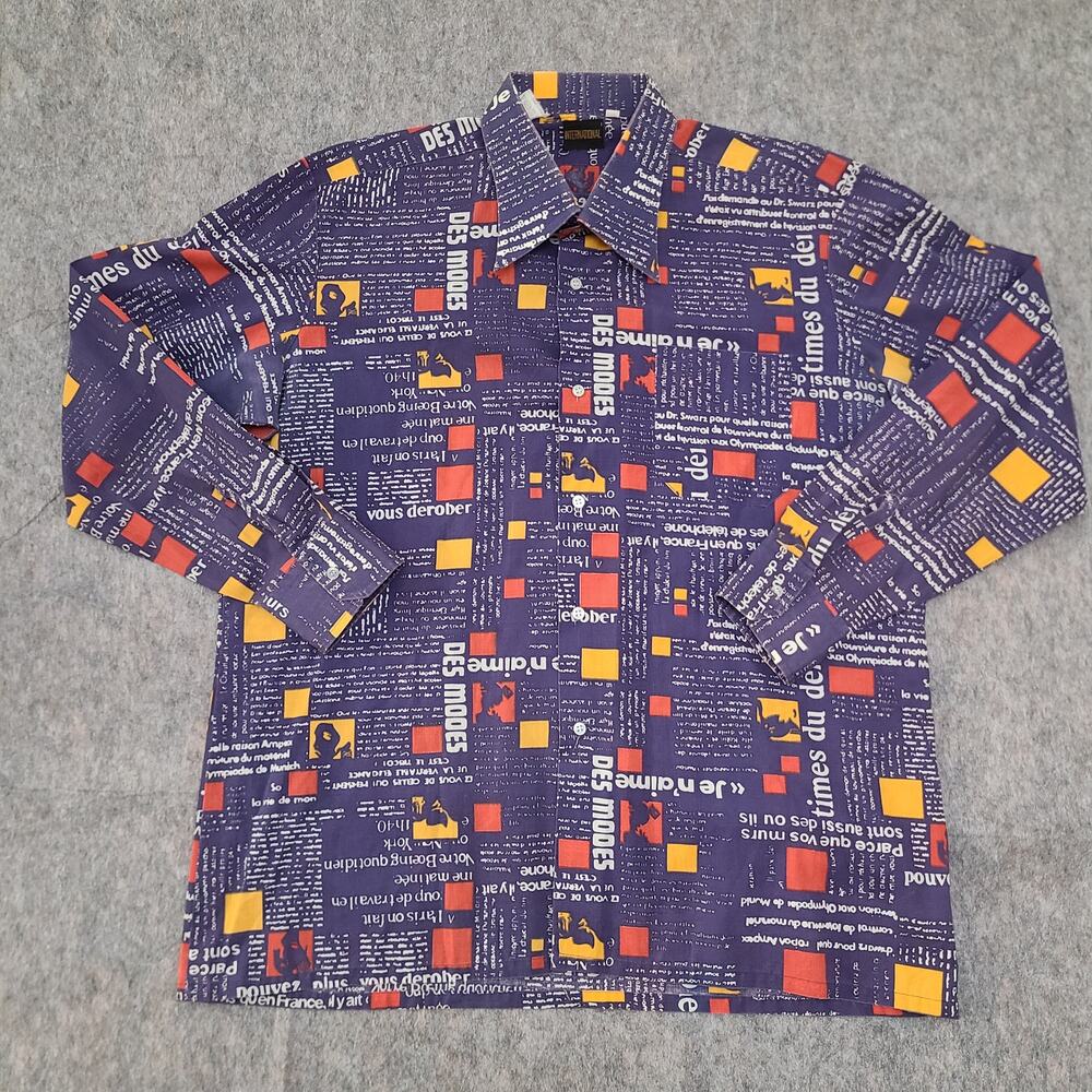 Vintage AOP Shirt Mens Extra Large Purple French Phrases Slim Fit Single Stitch